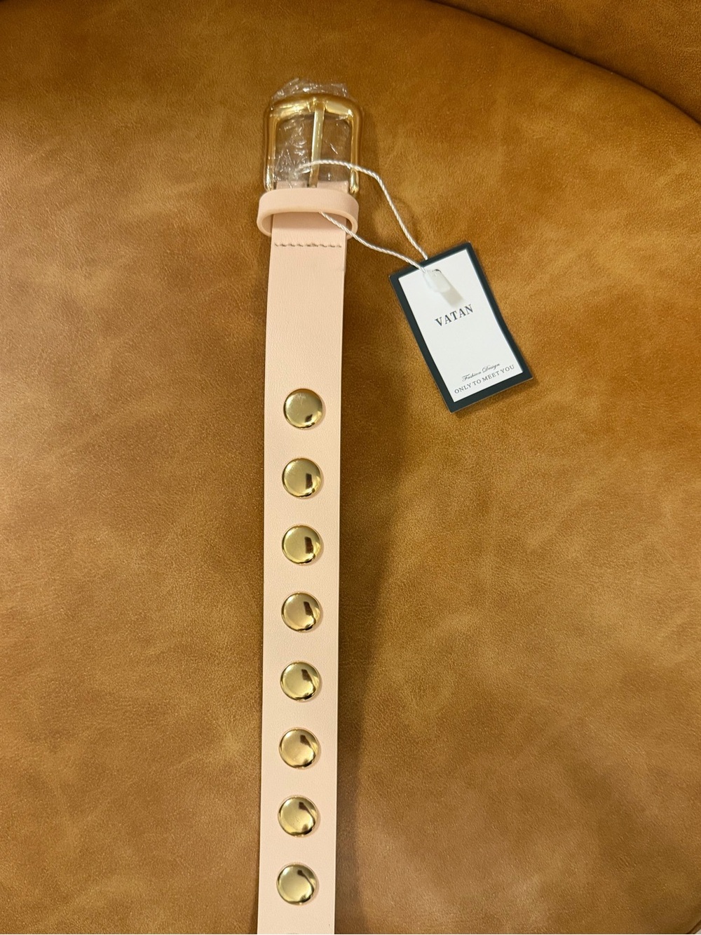 🤎VATAN Eco Friendly Nude Studded Belt w/ Gold Hardware. Measurements in photos - Picture 5 of 14